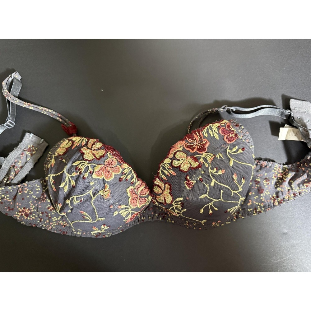 Aubade Paris Flora Embroidered Underwire Demi Bra Grey Burgundy Gold 32D 70D 85D